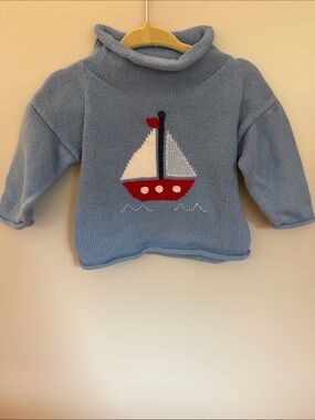 Light Blue Knit Sweater with Red Sailboat for Kids